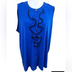Cable and Gauge Womens Top Size 1X Blue Blouse Sleeveless Ruffled W/black Trim